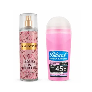 پک اسپری بدن زنانه والنتینو Luxury In Your Life حجم ۲۰۰ میل و رول ضدتعریق بیلیارد Women Expert 45°C