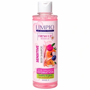 شامپو بدن لیمپیو Fresh Up Sensitive Skin حجم 400 میلی‌لیتر، مدل مخصوص پوست‌های خشک و حساس با آلانتوئین و ویژگی رطوبت‌رسانی و پاک‌کنندگی پوست.